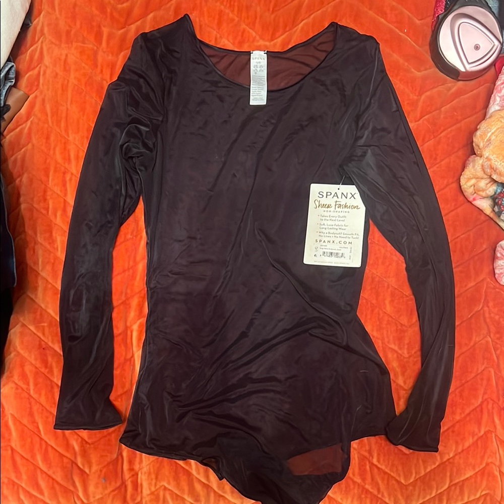 SPANX Black Fitted Long Sleeve Sheer Bodysuit Large